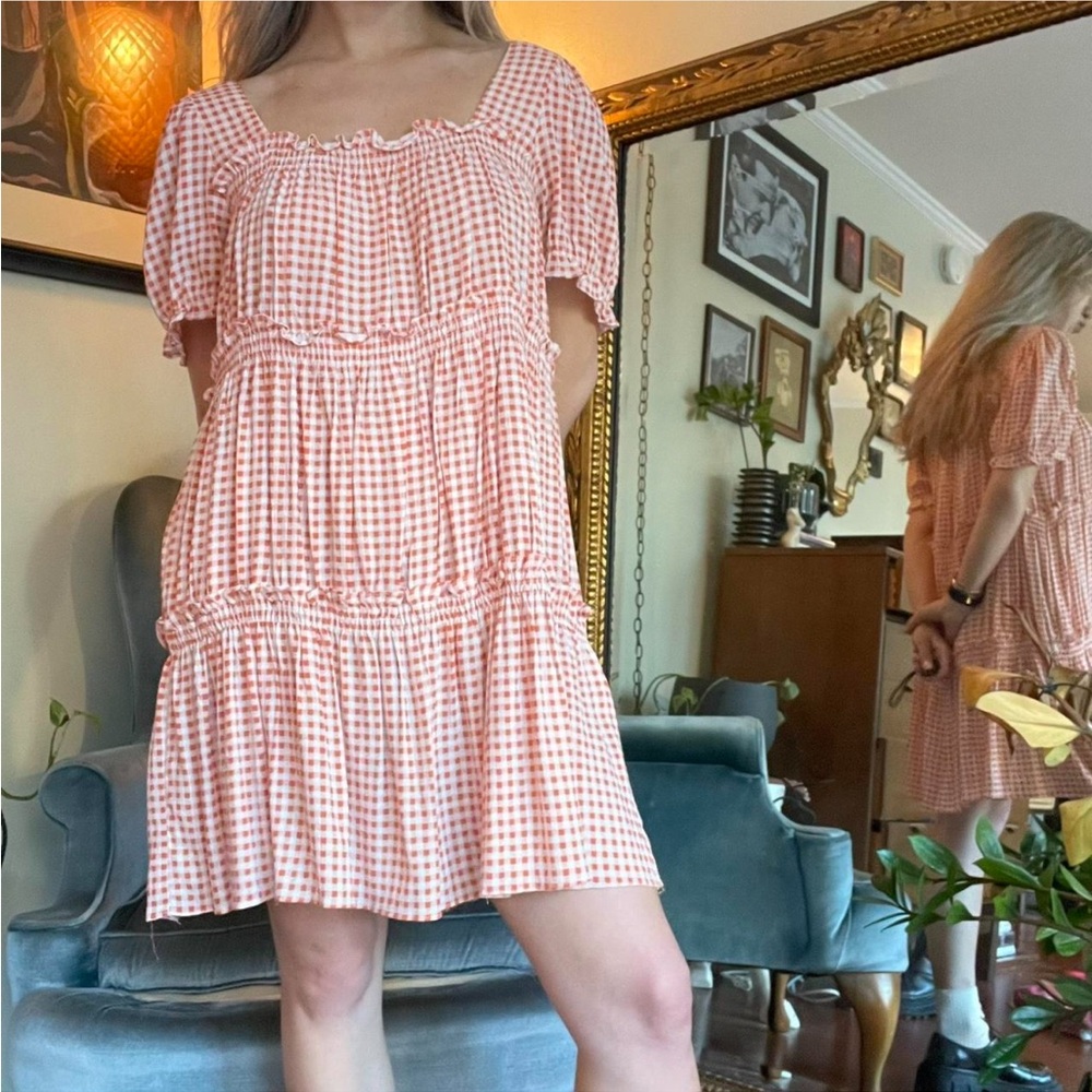 Orange & cream checkered babydoll dress